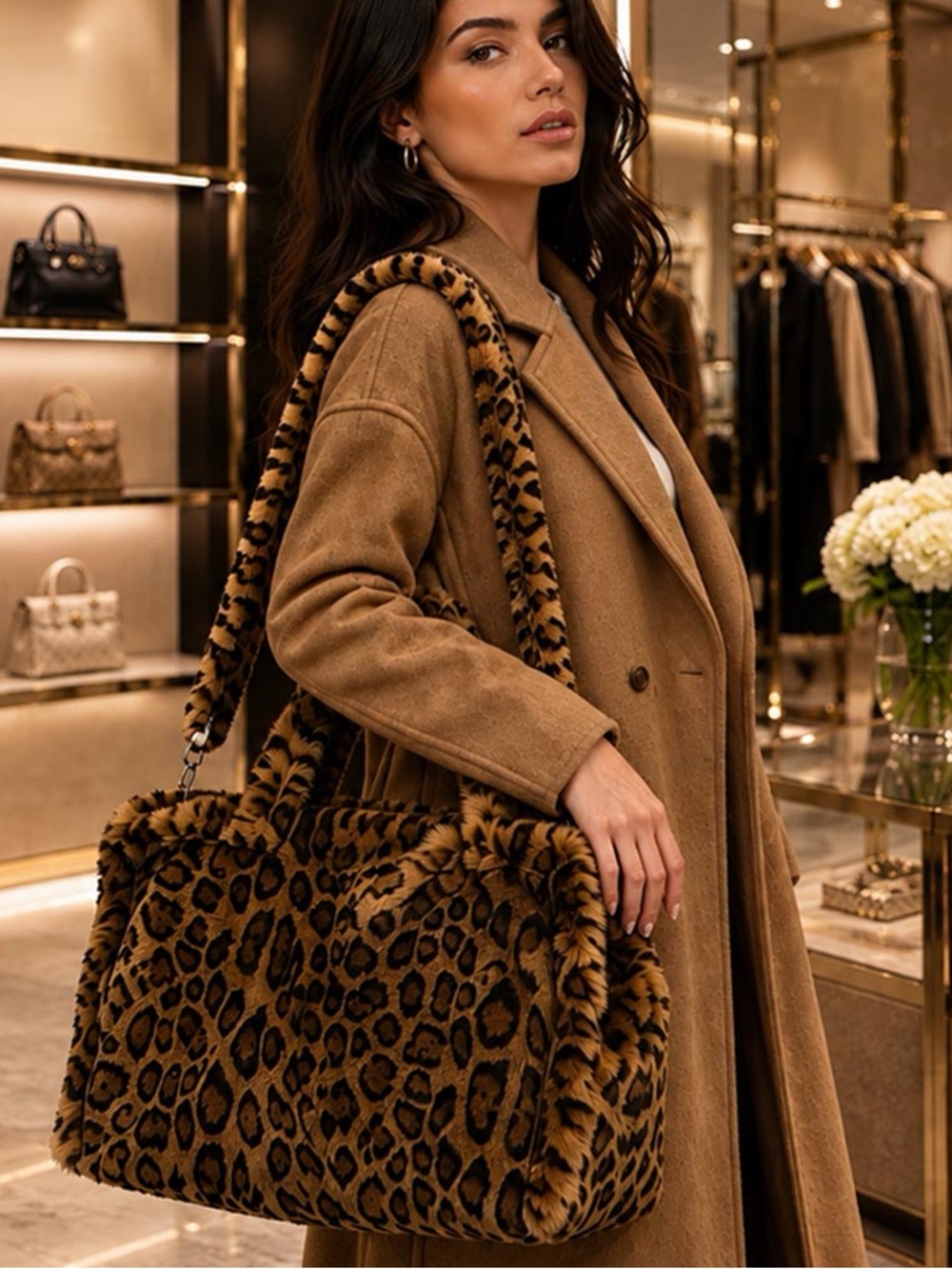 Faux Fur Leopard Tote Bag - Brown